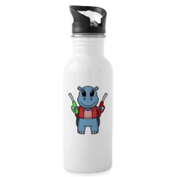 Tankwart Nilpferd Tankstelle - Trinkflasche mit integriertem Trinkhalm - Weiß - Rechts
