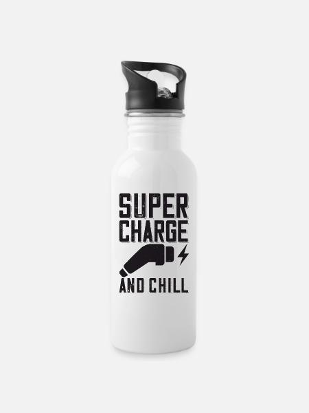 Supercharge And Chill - für Elektro Auto Fans - Trinkflasche mit integriertem Trinkhalm - Weiß