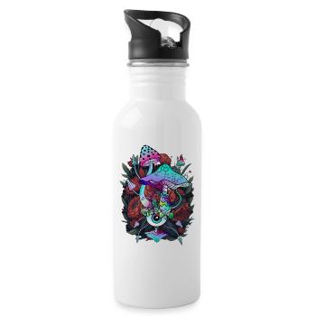 Psychedelic Mushroom - Eyes Art with Flowers - Water bottle with straw - white - Right
