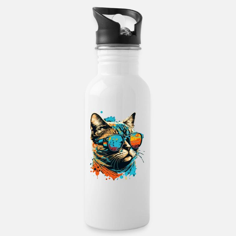 Katze mit Sonnenbrille - Trinkflasche mit integriertem Trinkhalm - Weiß