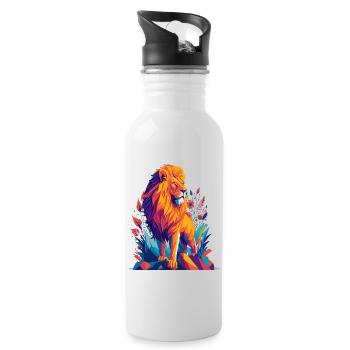 Löwe Polygon - Farbenfrohe Tier Illustration - Trinkflasche mit integriertem Trinkhalm - Weiß - Rechts