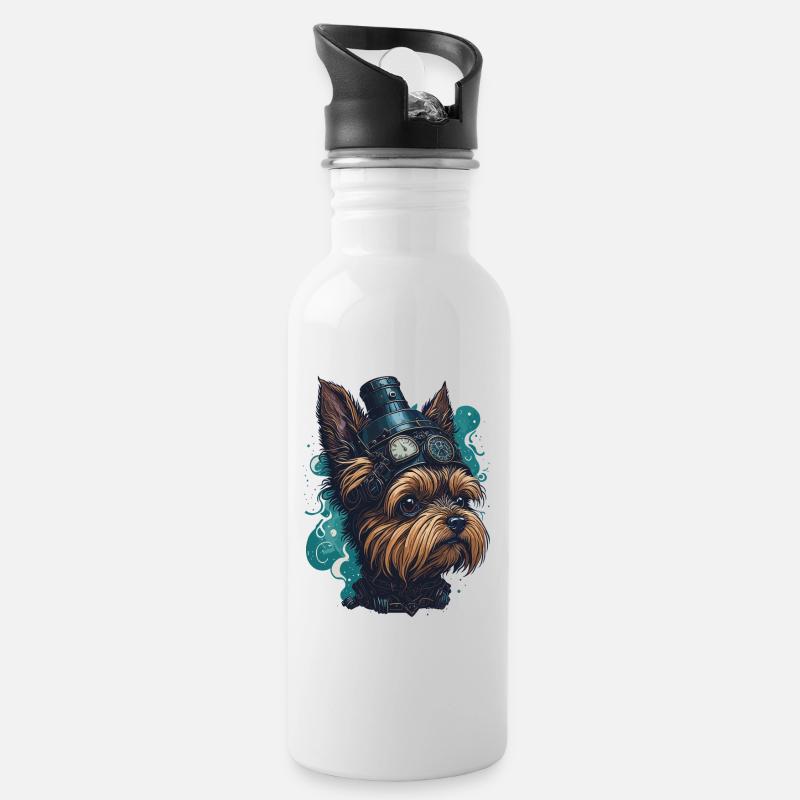 Steampunk Yorkshire Terrier vintage Retro Hund - Trinkflasche mit integriertem Trinkhalm - Weiß