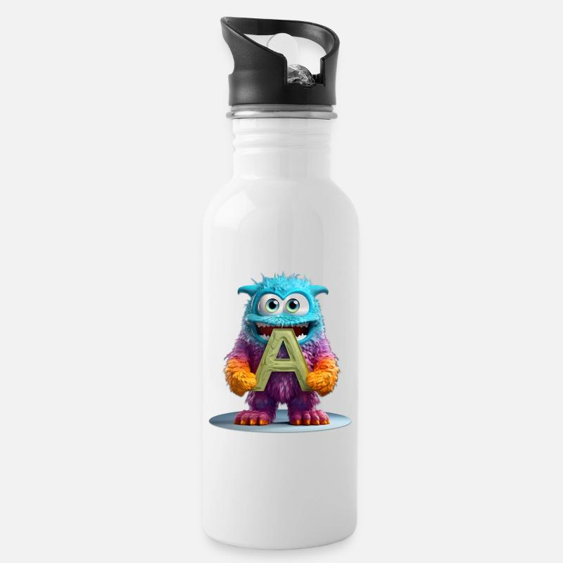 Mehrfarbiges Monster mit Buchstabe A - Trinkflasche mit integriertem Trinkhalm - Weiß