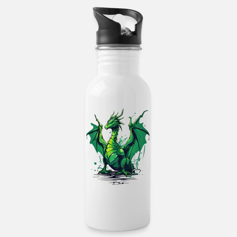 Grüner Drache - Trinkflasche mit integriertem Trinkhalm - Weiß