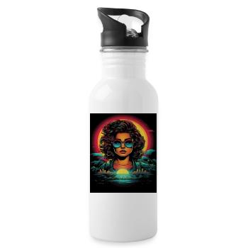 Neon Retro Woman Portrait with Sunset - Water bottle with straw - white - Right