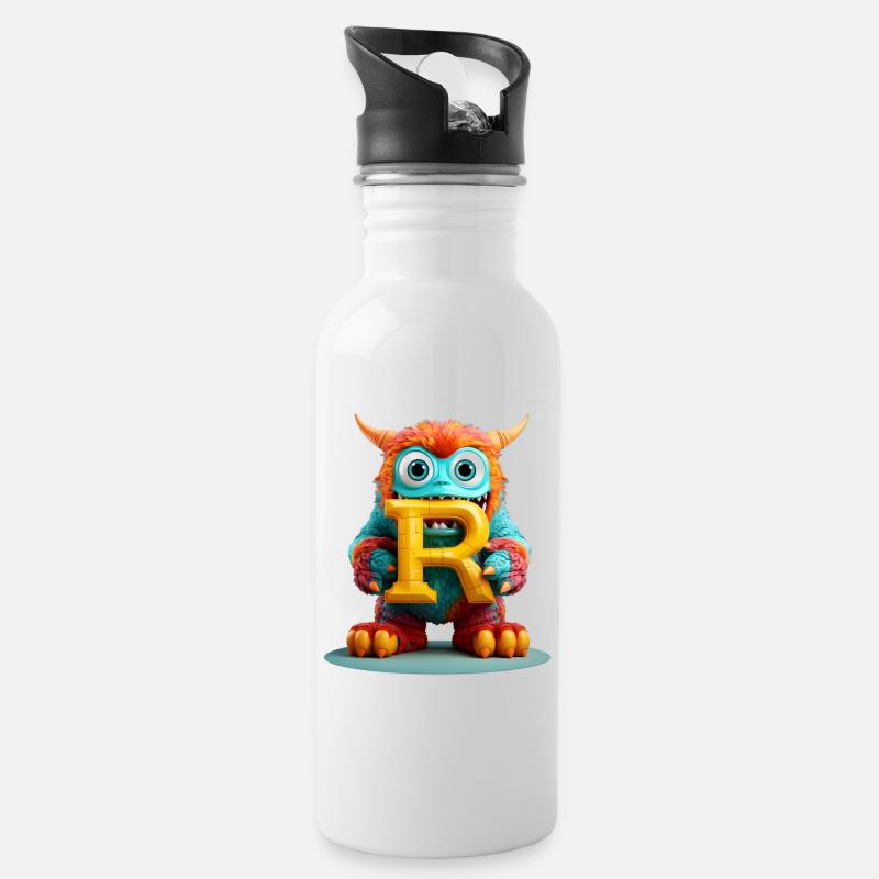 Bunter Monster mit Buchstabe R - Trinkflasche mit integriertem Trinkhalm - Weiß