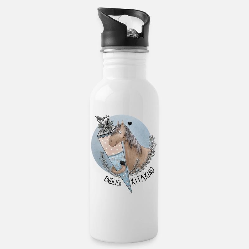 Endlich Kitakind Pferd mit Schultüte Blau - Trinkflasche mit integriertem Trinkhalm - Weiß