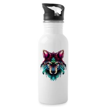 Mystischer Wolf Synthwave Wolfskopf - Trinkflasche mit integriertem Trinkhalm - Weiß - Rechts