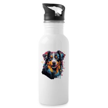 Watercolor Colorful Australian Shepherd - Water bottle with straw - white - Right