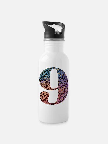 9. Geburtstag Leopard - Trinkflasche mit integriertem Trinkhalm - Weiß