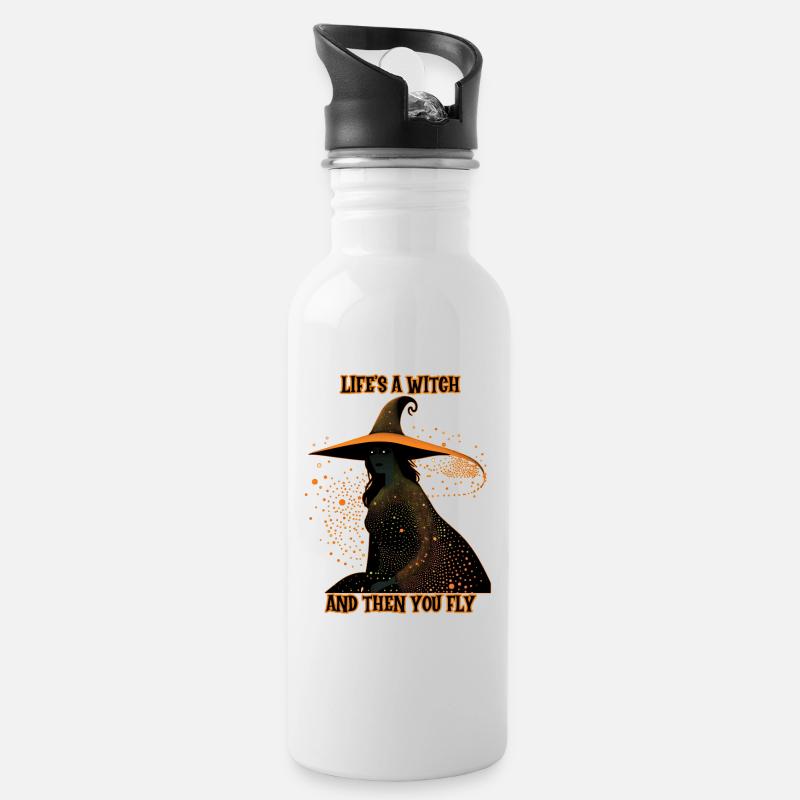 Hexen-Silhouette, Das Leben ist eine Hexe - Trinkflasche mit integriertem Trinkhalm - Weiß