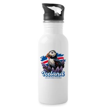 Iceland – Home Of The Puffin, puffins - Water bottle with straw - white - Right