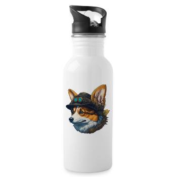 Viktorianischer Steampunk Corgi Hund Design - Trinkflasche mit integriertem Trinkhalm - Weiß - Rechts