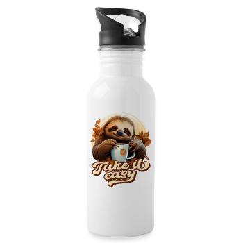 Cute Sloth Drinking Tea, Take It Easy, Saying - Water bottle with straw - white - Right