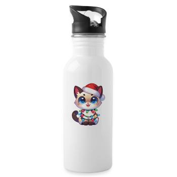Santa Hat Christmas Fairy Lights Siamese Cat - Water bottle with straw - white - Right