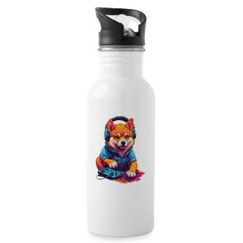 Gaming Shiba Dog Nerd with Retro Controller - Water bottle with straw - white - Right