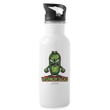 Cartoon Cucumber says: Veganism is stupid - Water bottle with straw - white - Right