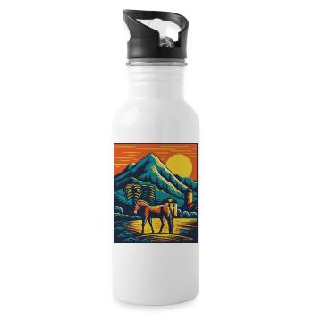 Bunter Pferdehof mit Pferd - Trinkflasche mit integriertem Trinkhalm - Weiß - Rechts