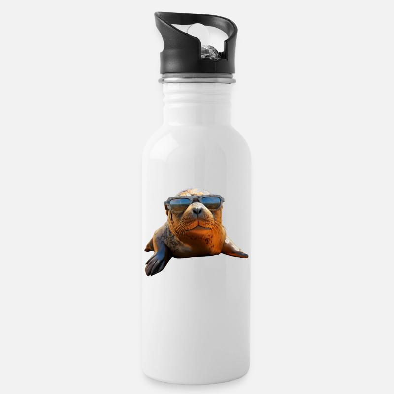 Robbe mit Sonnenbrille Seehund Walross Süße Robben - Trinkflasche mit integriertem Trinkhalm - Weiß
