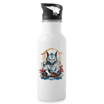 Asian Monster Cat Japan Yokai Ukiyo-E Style - Water bottle with straw - white - Right