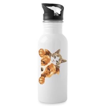 Peeking Border Collie Hund und süßes Kätzchen - Trinkflasche mit integriertem Trinkhalm - Weiß - Rechts