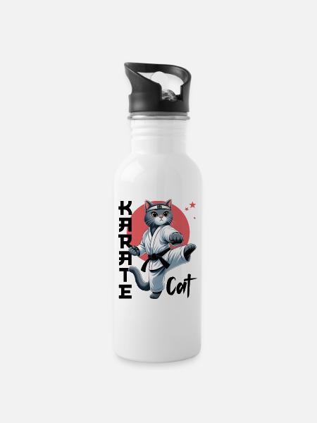 Karate Cat – Lustige Katze Kampfsport Design - Trinkflasche mit integriertem Trinkhalm - Weiß