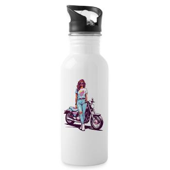 80s Vintage Motorcycle Biker Girl Design - Water bottle with straw - white - Right