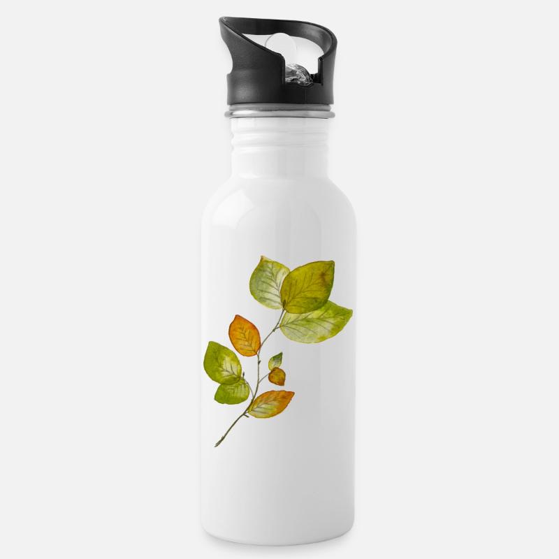 Buchenblätter - Trinkflasche mit integriertem Trinkhalm - Weiß