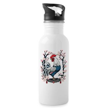 Asian Rooster Cherry Blossoms Aesthetic Design - Water bottle with straw - white - Right
