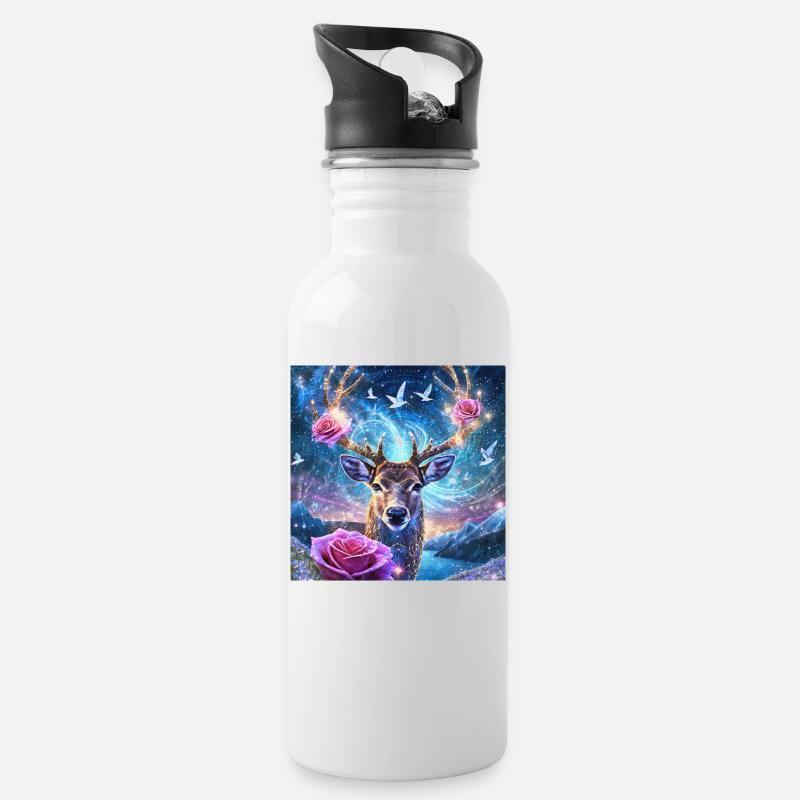 03 Magischer Hirsch Hirschkopf Rosen Blumen Berge - Trinkflasche mit integriertem Trinkhalm - Weiß