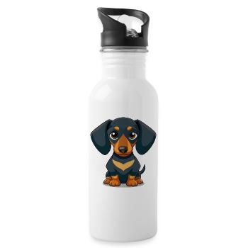 Niedliches Cartoon Dackel Welpen Shirt - Trinkflasche mit integriertem Trinkhalm - Weiß - Rechts