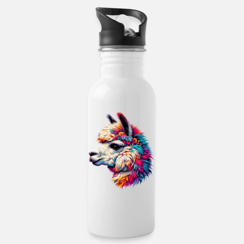 Alpaka - Trinkflasche mit integriertem Trinkhalm - Weiß