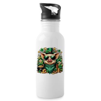 Cooles Schwein mit Kleeblatt - Trinkflasche mit integriertem Trinkhalm - Weiß - Rechts