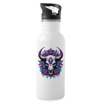 Bull Skull Feather Mandala Spiritual Design - Water bottle with straw - white - Right