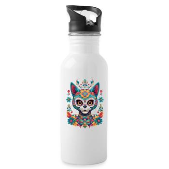 Sugar Skull Cat Aesthetic Mexico Streetwear - Water bottle with straw - white - Right