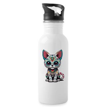 Ikonischer Zuckerschädel Mexiko Katze Design - Trinkflasche mit integriertem Trinkhalm - Weiß - Rechts