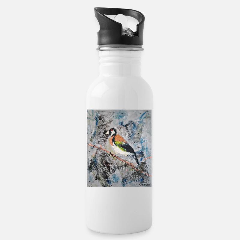 Acrylic painting with Stiglitz on tree branch - Water bottle with straw - white