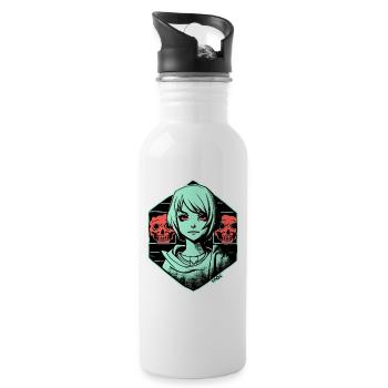 Kunst: Fiktives Cartoon Anime Mädchen und Horror - Trinkflasche mit integriertem Trinkhalm - Weiß - Rechts