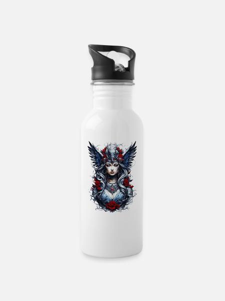 Valkyrie mit Raben Rosen Wikinger - Trinkflasche mit integriertem Trinkhalm - Weiß