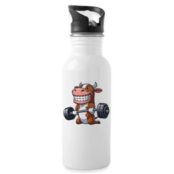 Kuh Stier Hantel Workout Gewichtheber - Trinkflasche mit integriertem Trinkhalm - Weiß - Rechts