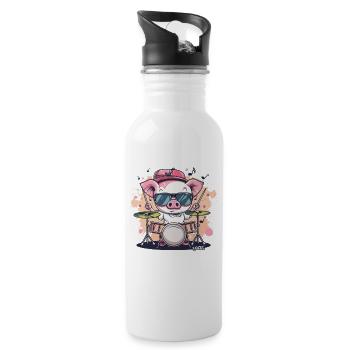 Rock music and a funny drummer pig - Water bottle with straw - white - Right