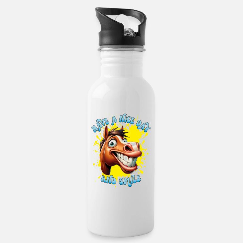 Cheval de dessin animé joyeux avec un grand sourire. - Gourde avec paille intégrée - blanc