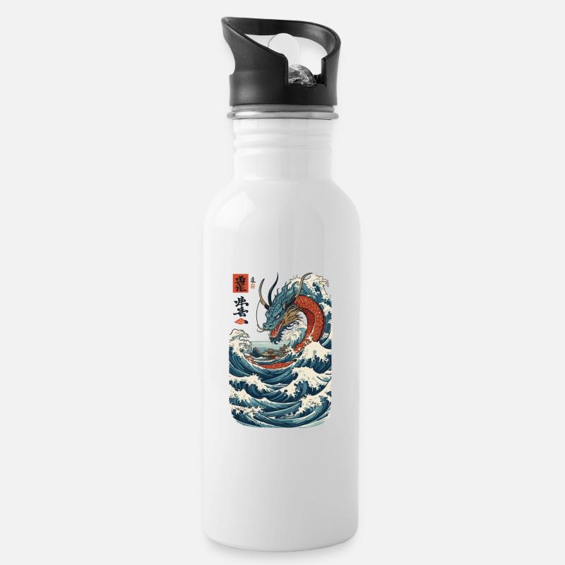 Vintage Ukiyo-E Stil Japanischer Drache Kunst - Trinkflasche mit integriertem Trinkhalm - Weiß