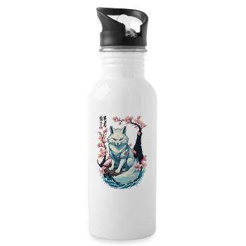 Weißer Kitsune Fuchs Japanische Kirschblüten - Trinkflasche mit integriertem Trinkhalm - Weiß - Rechts