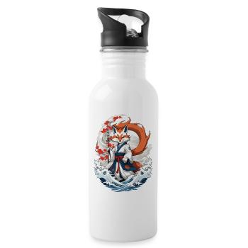 Ukiyo-E Kunst Stil Japanische Kitsune Fuchs - Trinkflasche mit integriertem Trinkhalm - Weiß - Rechts