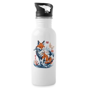 Ukiyo-E Kunst Stil Japanische Kitsune Fuchs - Trinkflasche mit integriertem Trinkhalm - Weiß - Rechts