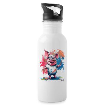 Colorful picture and a funny painter pig - Water bottle with straw - white - Right