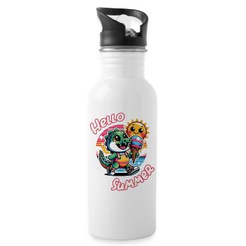 Hallo Sommer lustiges Krokodil mit großer Eistüte - Trinkflasche mit integriertem Trinkhalm - Weiß - Rechts