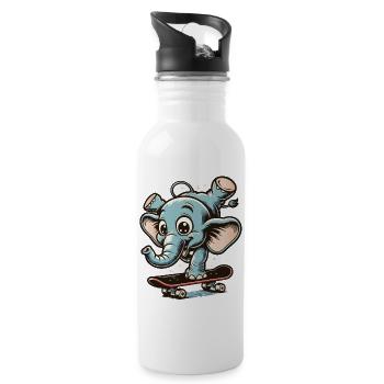 Blue Cartoon Elephant on the Skateboard - Water bottle with straw - white - Right