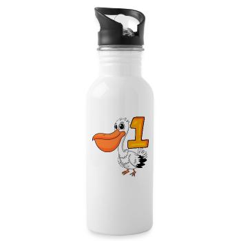 1 Jahr alt - Einschulung - Pelikan Motiv - Zahl 1 - Trinkflasche mit integriertem Trinkhalm - Weiß - Rechts